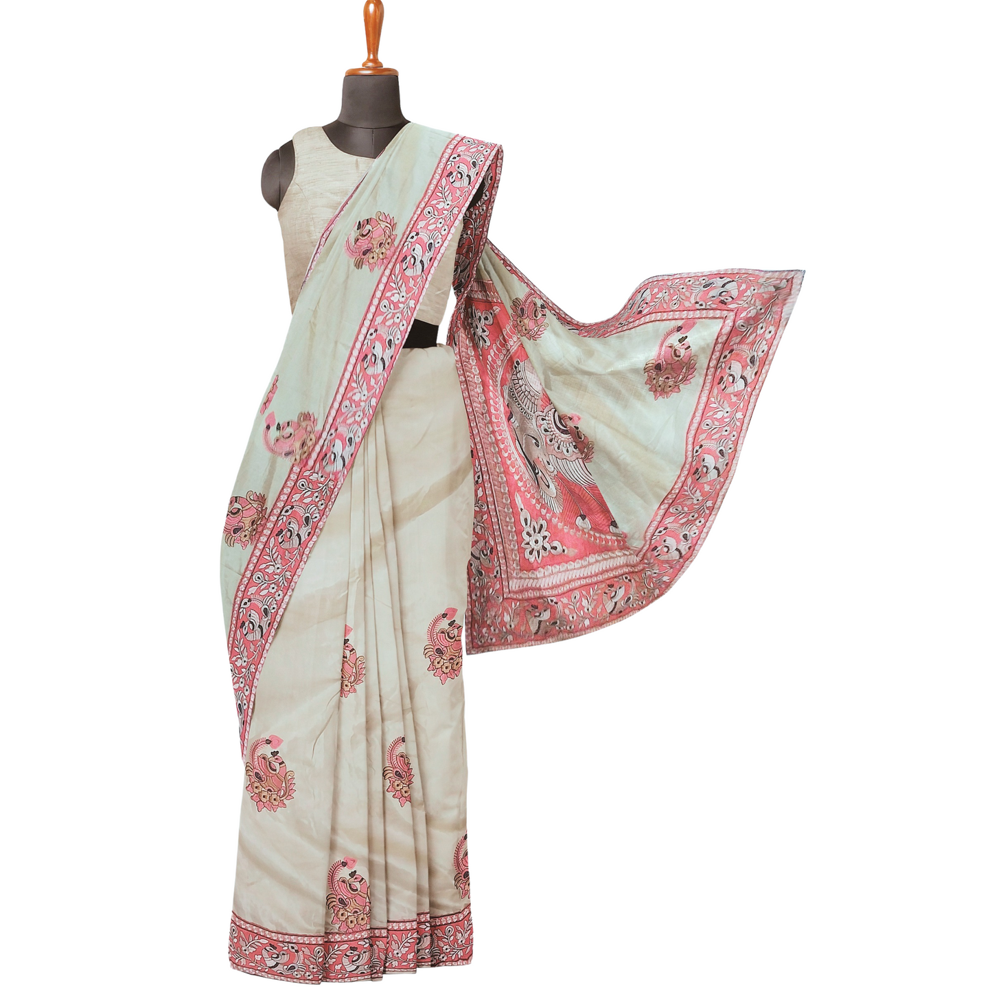 Handloom Cream Color Saree with Red Embroidered Border