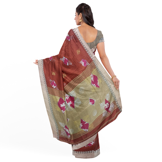 Hand Printed Maroon Cotton Silk Saree