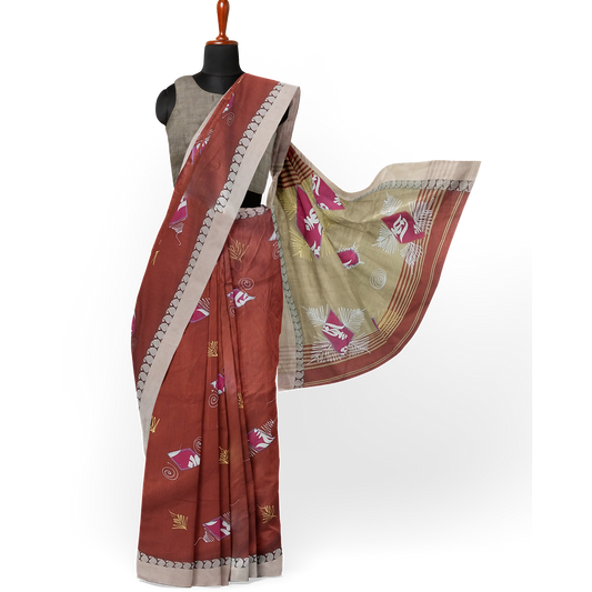 Hand Printed Maroon Cotton Silk Saree