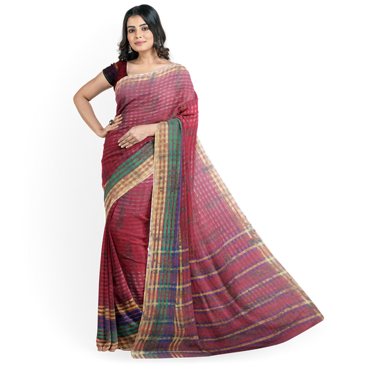 Beautifully Crafted Maroon and Green Color Design Saree