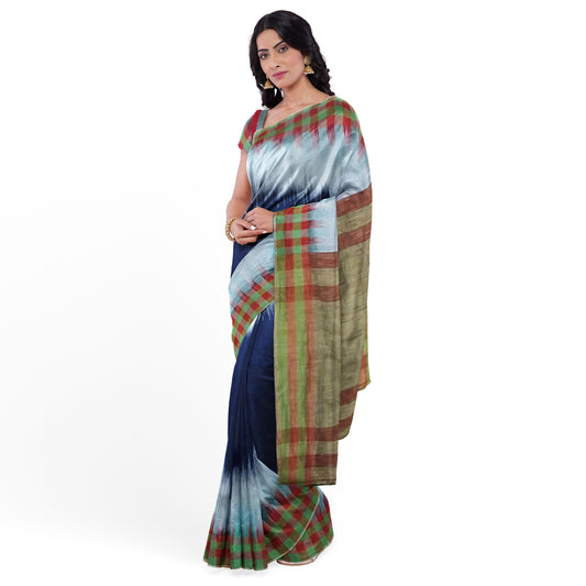 Beautifully Crafted Cotton Silk Saree with Blue White Maroon Colors
