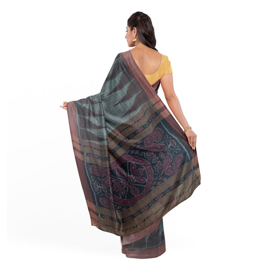 Sambalpuri Hand Woven Grey Saree with Black-Brown Blouse
