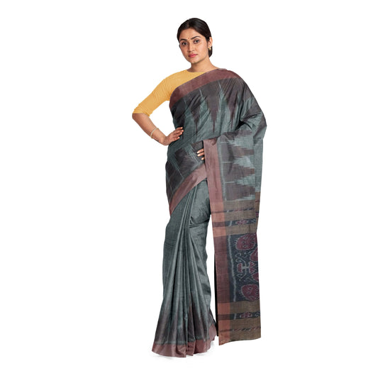 Sambalpuri Hand Woven Grey Saree with Black-Brown Blouse