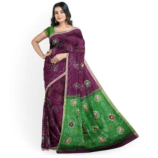 Maroon Saree With Pink Green Coloured Border