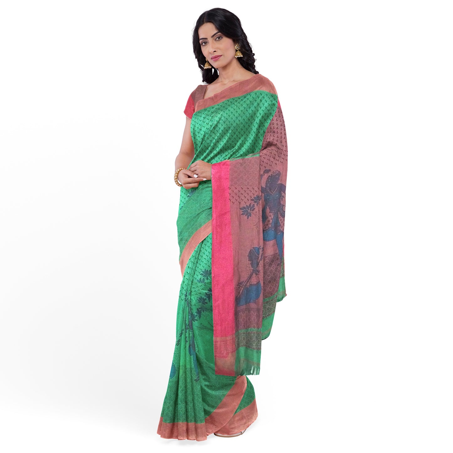 Flower Printed Saree in Green-Maroon Colour