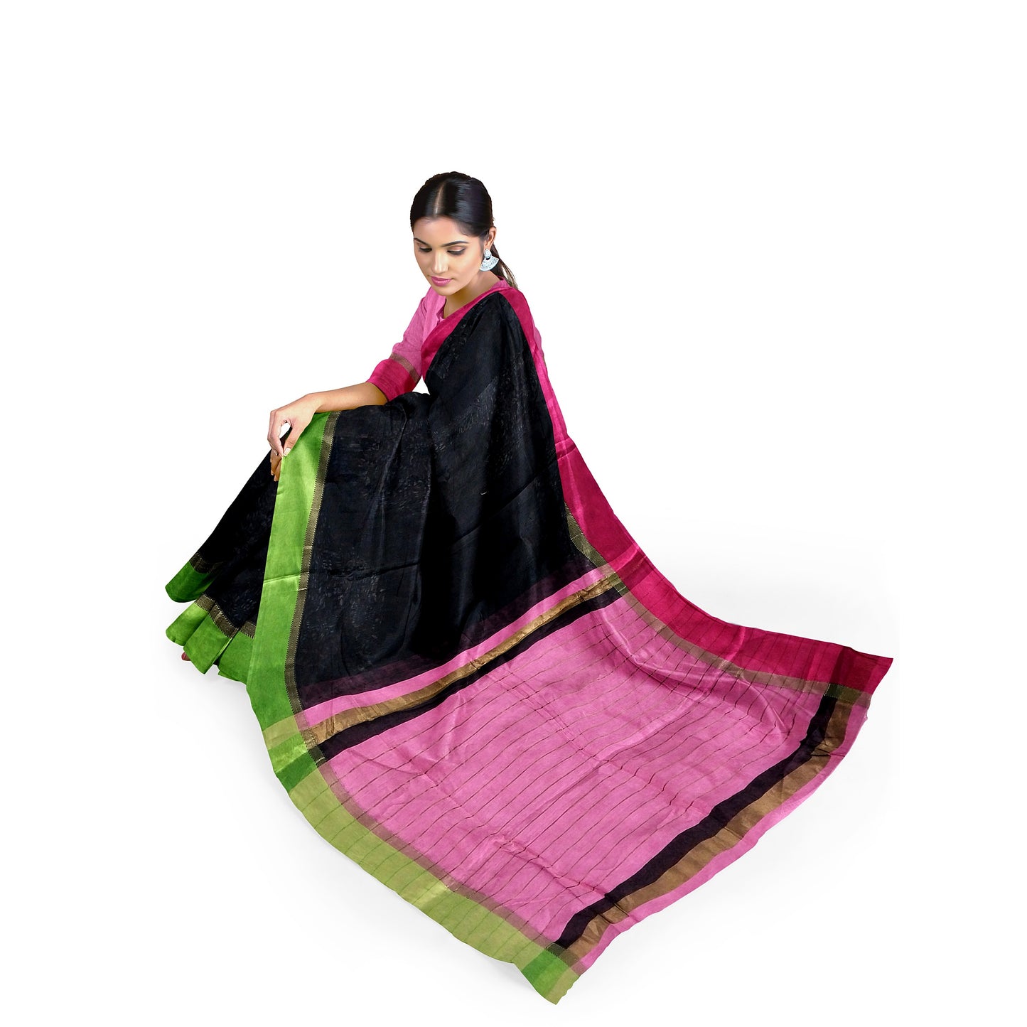 One-of-a-kind Black Cotton Silk Chanderi Saree