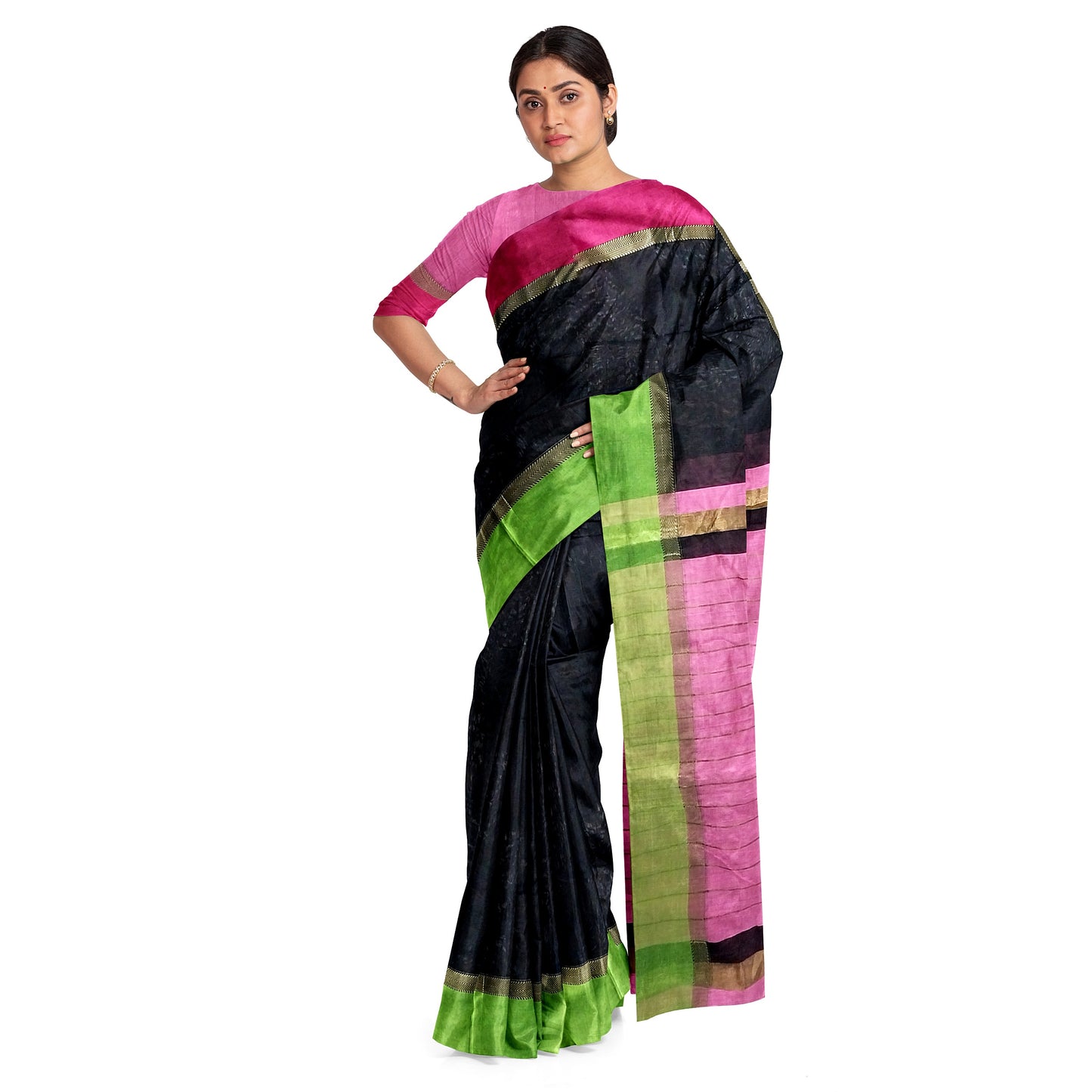 One-of-a-kind Black Cotton Silk Chanderi Saree