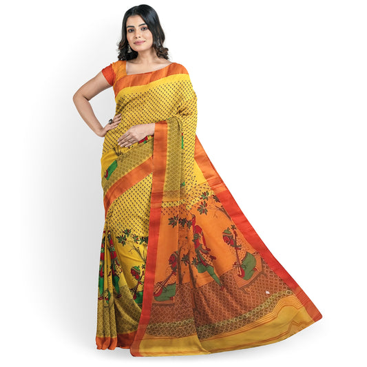 Hand Printed Yellow Orange Green Cotton Saree