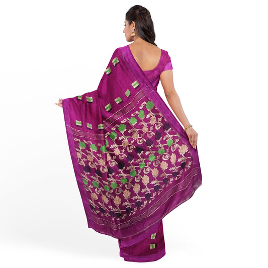Elegant Rani-Colored Cotton Silk with Pom Pom Border