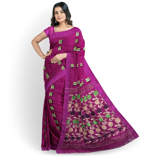 Elegant Rani-Colored Cotton Silk with Pom Pom Border