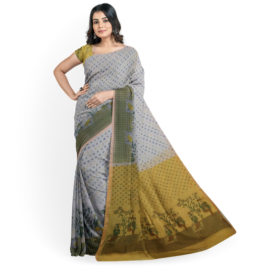 Yellow - White Cotton Silk Saree with Small Leafy Prints