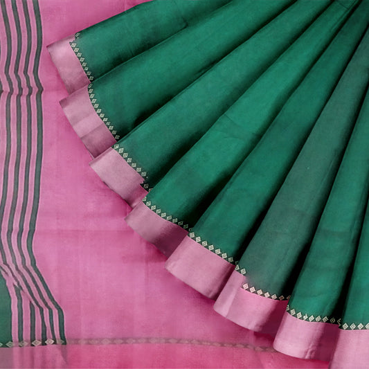 Pink and Green Colored Cotton Silk Saree