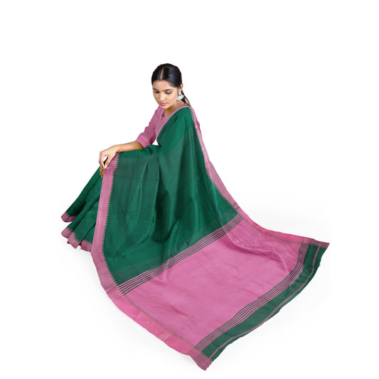Pink and Green Colored Cotton Silk Saree